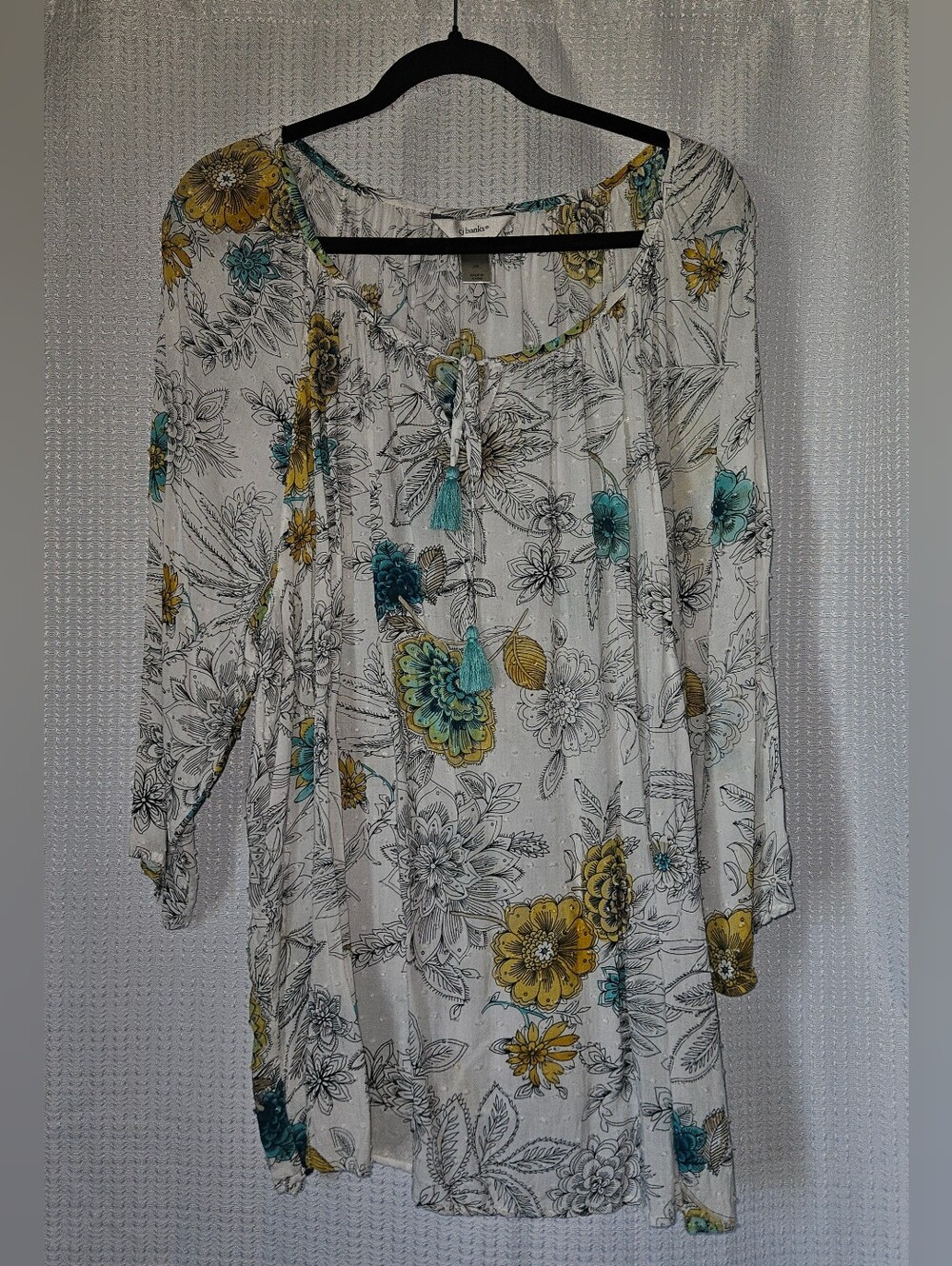 Boho Floral Peasant Top White with Teal & Mustard Size 2X